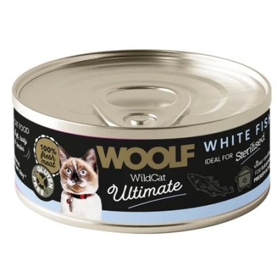 Woolf Ultimate Cat Adult Sterilised White Fish - bezglutenowa, pełnoporcjowa karma wilgotna z wołowiną dla dorosłych, sterylizowanych kotów, 85g