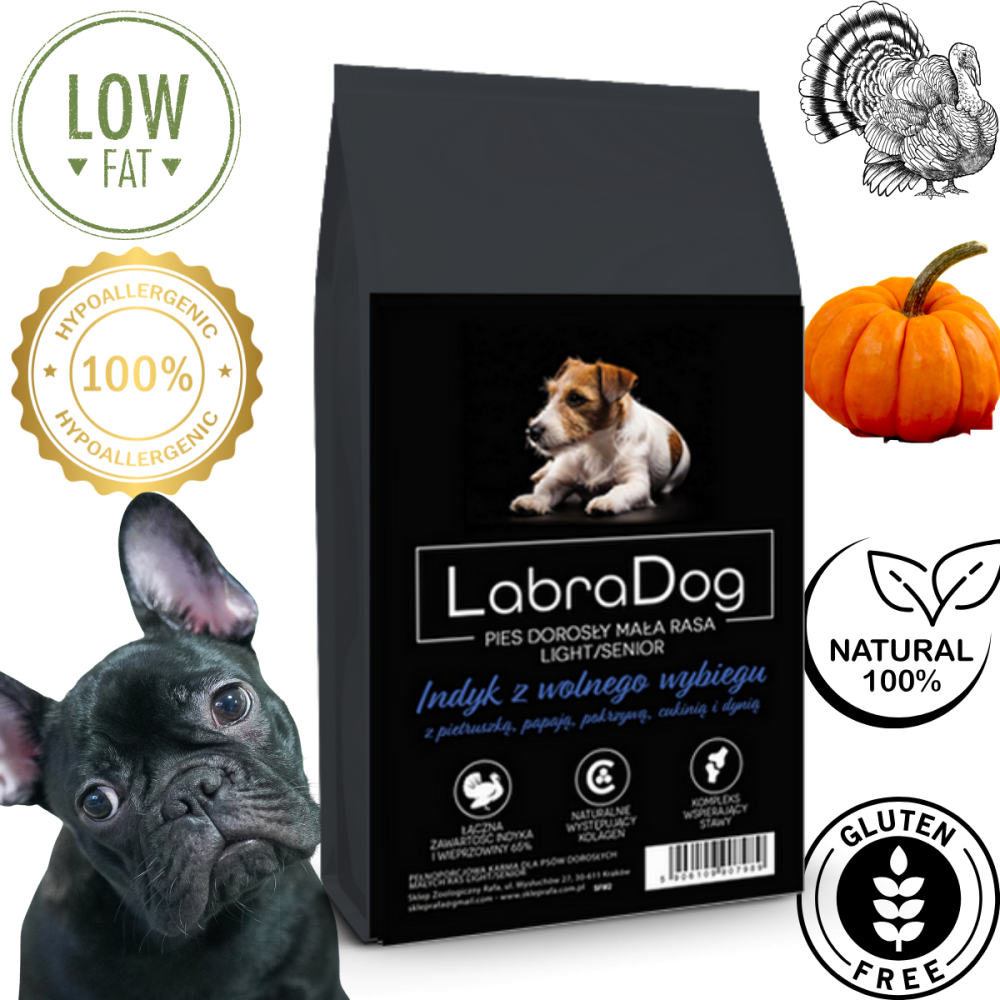 Karma sucha dla psa dorosłego rasy małej LIGHT LabraDog Superfood Premium Indyk z wolnego wybiegu z pietruszką, papają, pokrzywą, cukinią i dynią