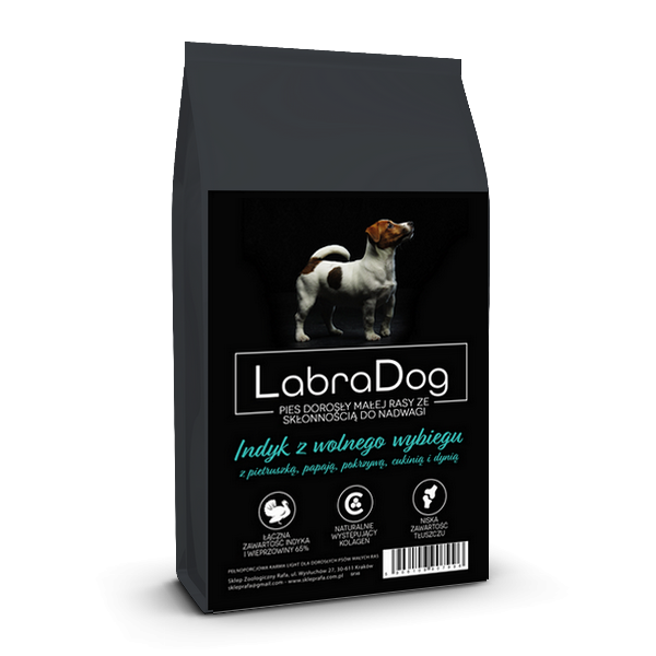 Karma sucha dla psa dorosłego rasy małej LIGHT LabraDog Superfood Premium Indyk z wolnego wybiegu z pietruszką, papają, pokrzywą, cukinią i dynią