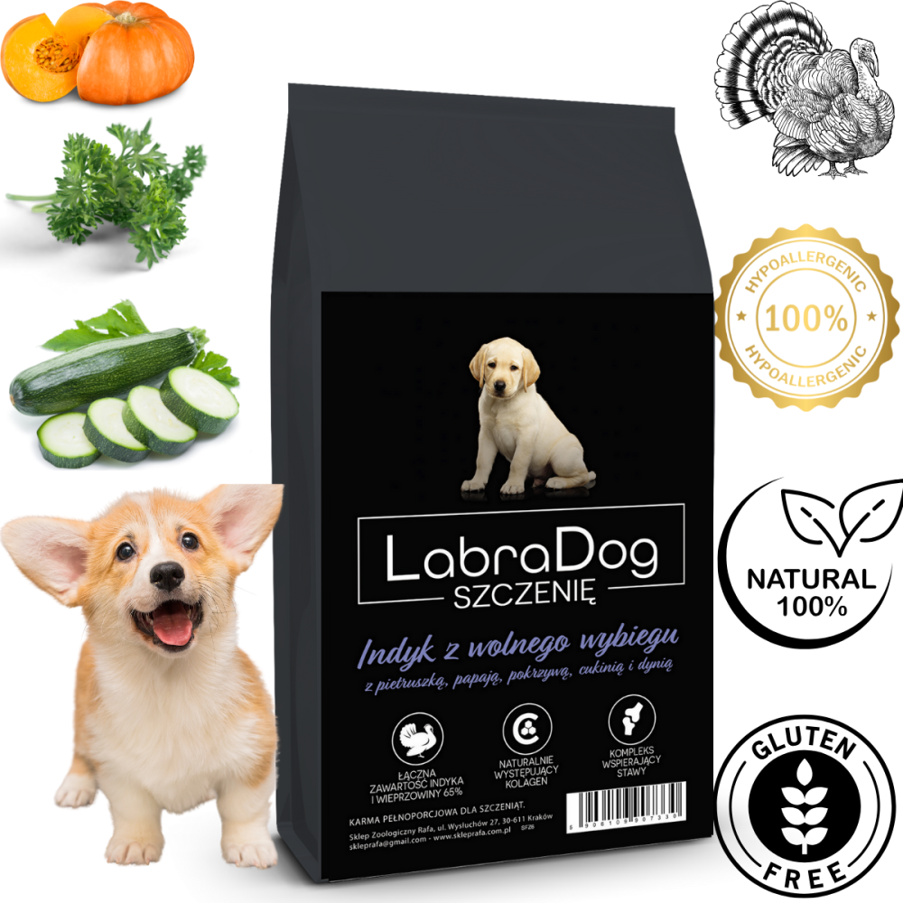 Karma sucha dla psa szczeniaka rasy małe LabraDog Superfood Premium Indyk z wolnego wybiegu z pietruszką, papają, pokrzywą, cukinią i dynią