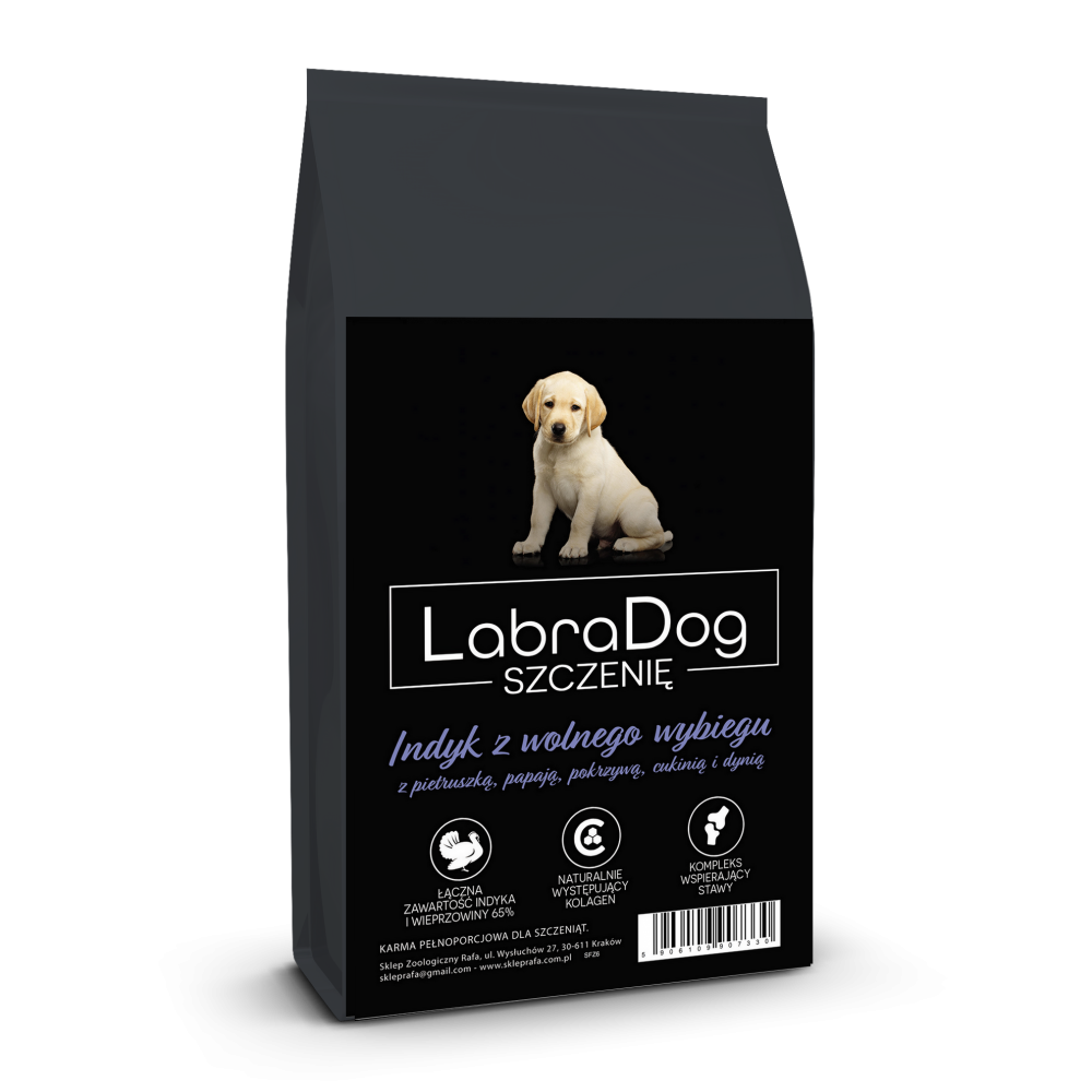 Karma sucha dla psa szczeniaka rasy małe LabraDog Superfood Premium Indyk z wolnego wybiegu z pietruszką, papają, pokrzywą, cukinią i dynią
