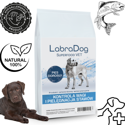 Karma sucha dla psa dorosłego LabraDog Superfood VET Hydrolizowana Biała ryba Kontrola wagi i stawów