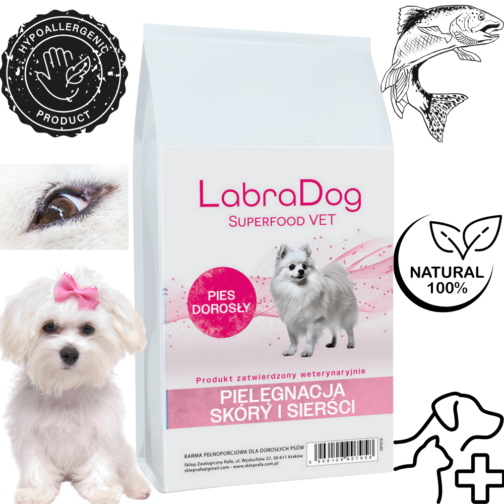 Karma sucha dla psa dorosłego LabraDog Superfood VET Hydrolizowany  Łosoś z białą rybą Pielęgnacja skóry i sierści