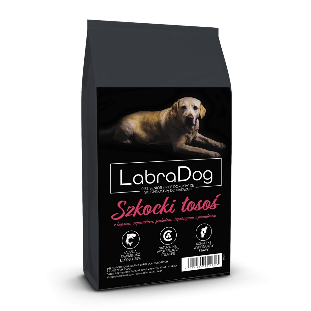 Karma sucha dla psa dorosłego rasy średniej LabraDog Superfood Light/sterylised Szkocki Łosoś z koprem, szpinakiem, fenkułem, szparagami i pomidorem