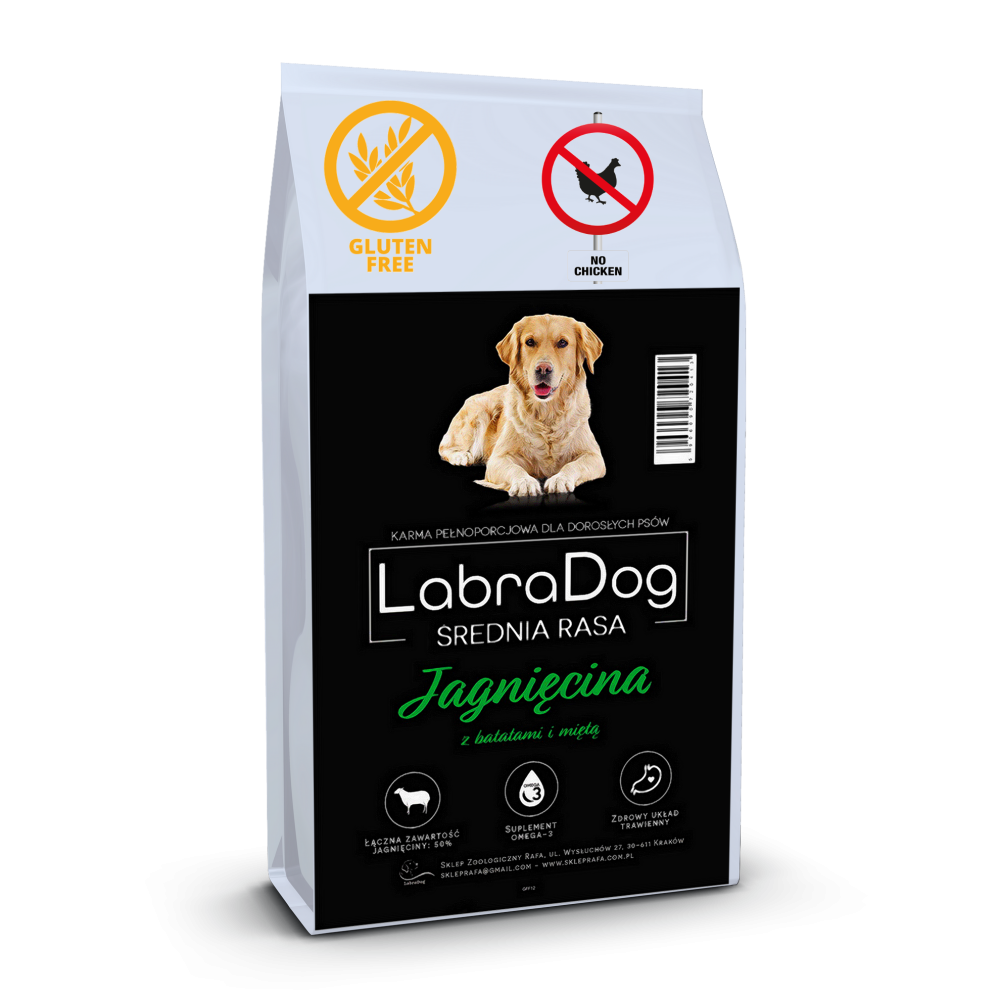 Karma sucha dla psa dorosłego LabraDog Superfood GFF jagnięcina z batatami i miętą rasa średnia