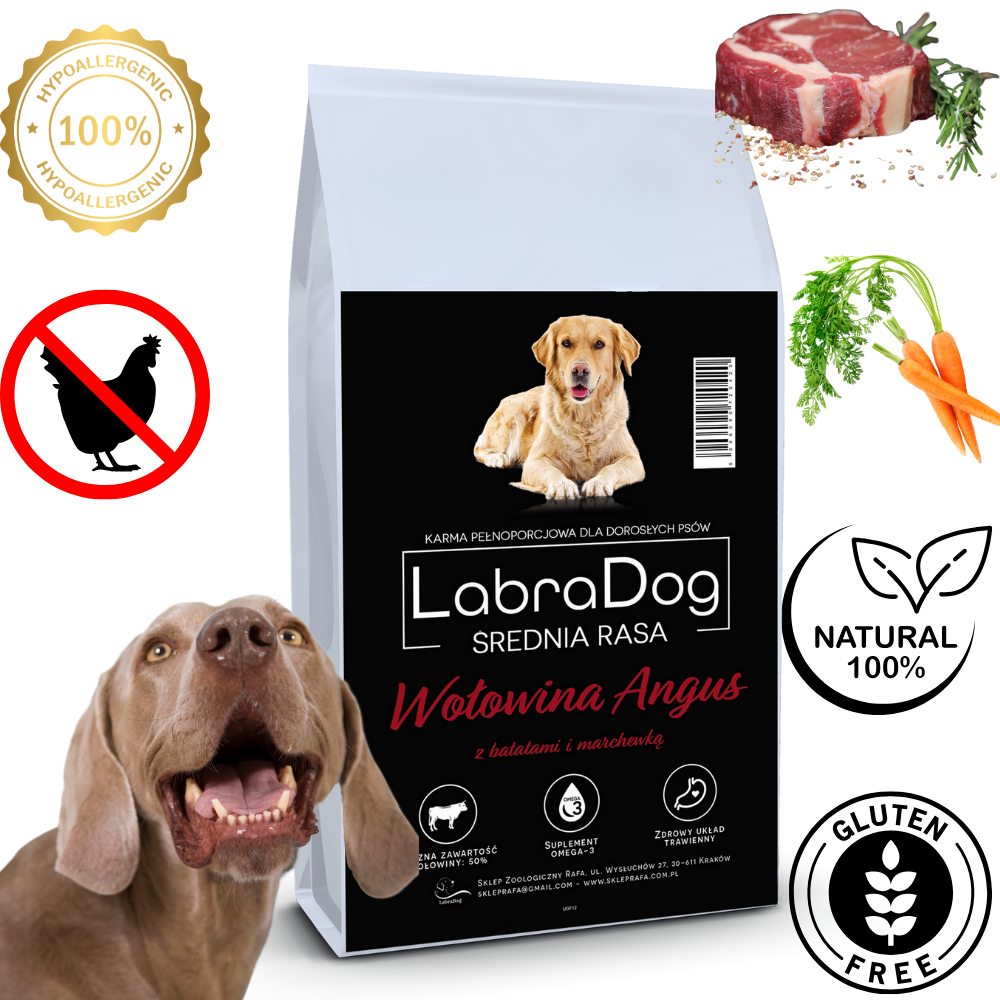 Karma sucha dla psa dorosłego rasy średniej  LabraDog Superfood UGF Wołowina Angus z batatami i marchewką