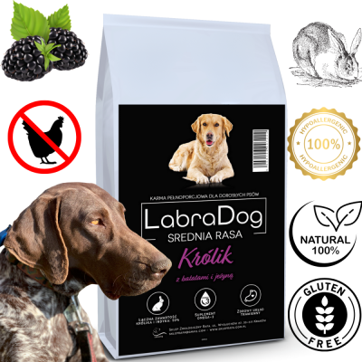 Karma sucha dla psa dorosłego rasy średniej LabraDog Superfood GFR Królik z batatami i jeżyną