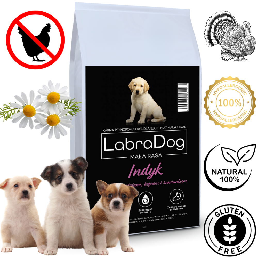 Karma sucha dla szczeniąt ras małych  LabraDog Superfood Puppy Indyk z kaczką batatami koprem i rumiankiem
