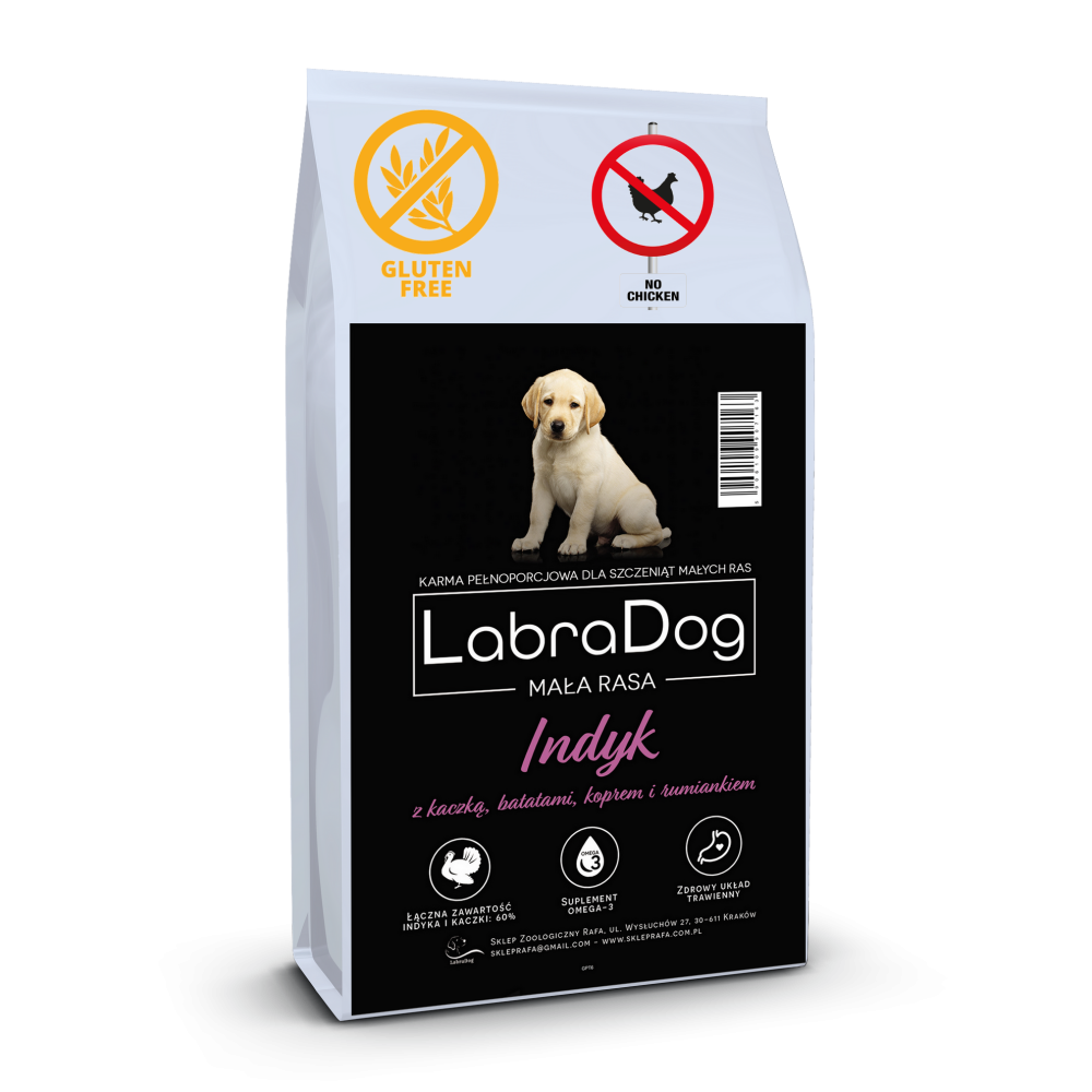 Karma sucha dla szczeniąt ras małych  LabraDog Superfood Puppy Indyk z kaczką batatami koprem i rumiankiem