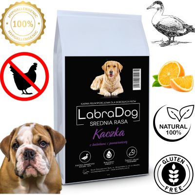 Karma sucha dla psa dorosłego rasy średniej LabraDog Superfood GFJ  Kaczka z batatami i pomarańczami