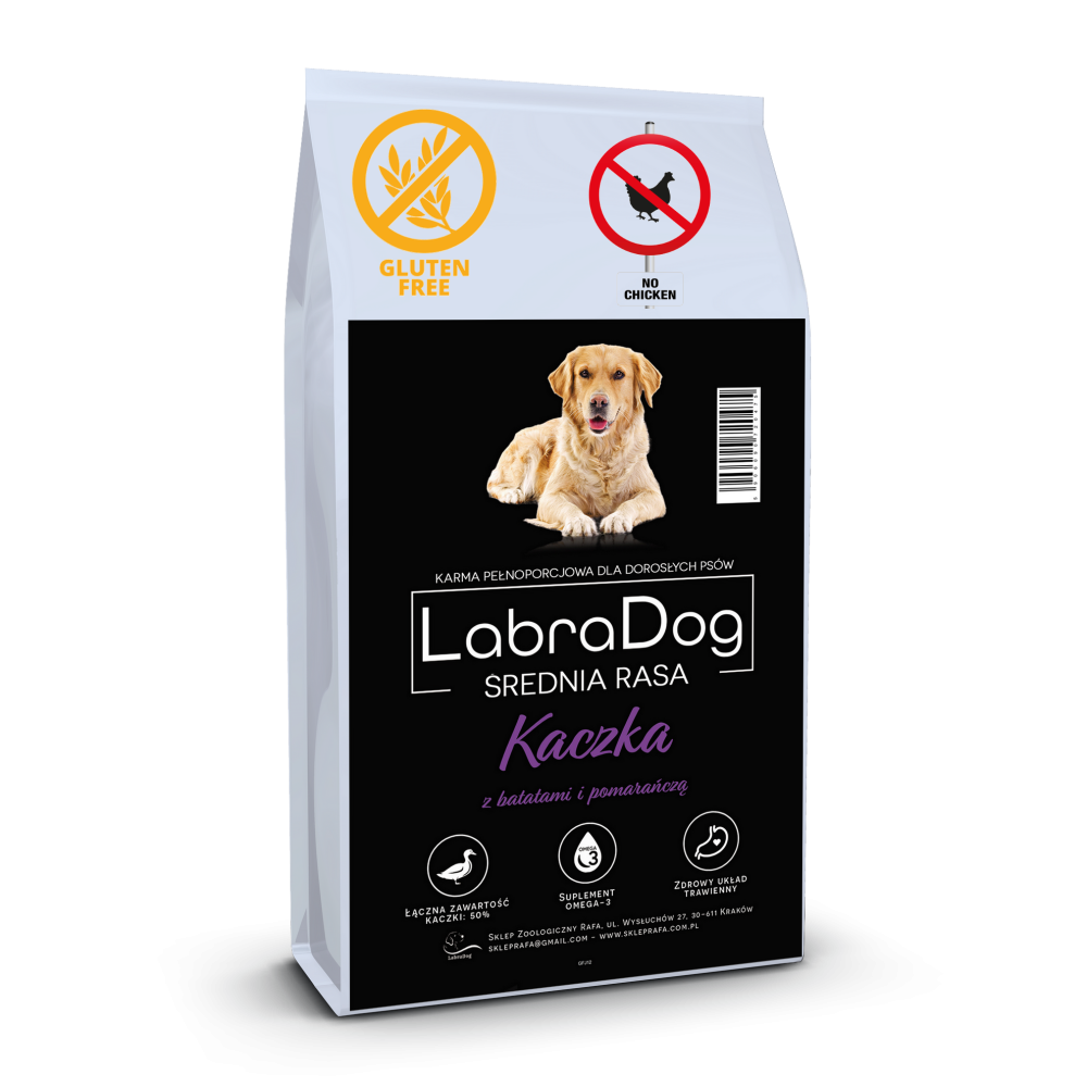 Karma sucha dla psa dorosłego rasy średniej LabraDog Superfood GFJ  Kaczka z batatami i pomarańczami