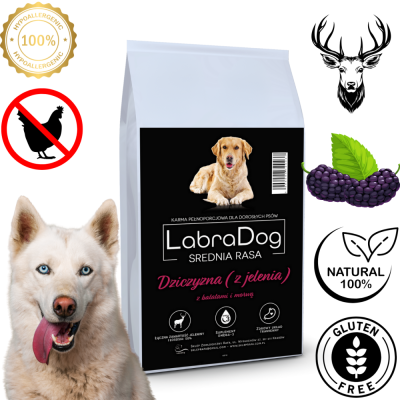 Karma sucha dla psa dorosłego LabraDog Superfood VGF Dziczyzna z  Jelenia z  batatami i morwą rasa średnia