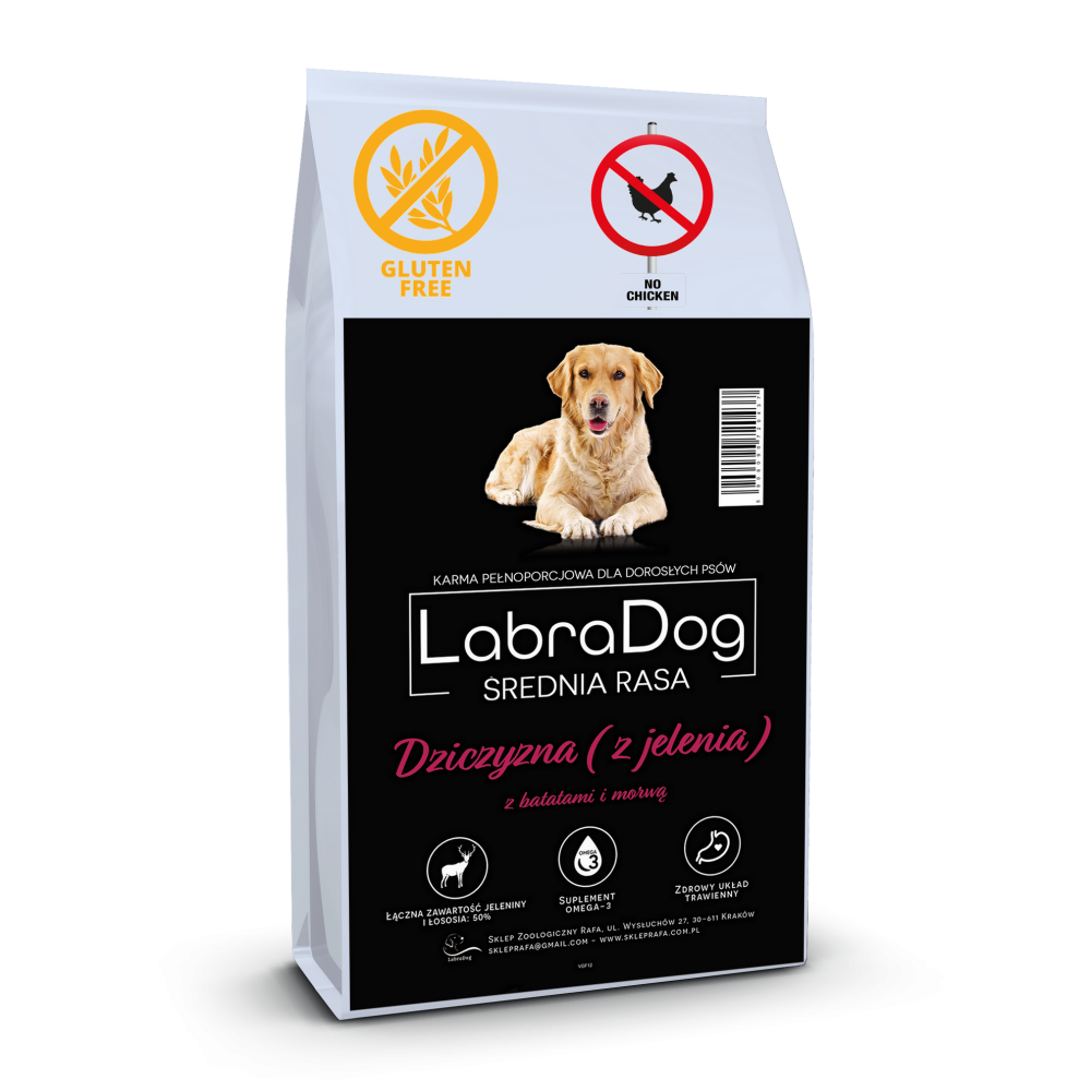 Karma sucha dla psa dorosłego LabraDog Superfood VGF Dziczyzna z  Jelenia z  batatami i morwą rasa średnia