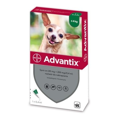 Advantix - przeciw kleszczom i pchłom dla psów do 4kg (1 pipeta x 0,4ml)