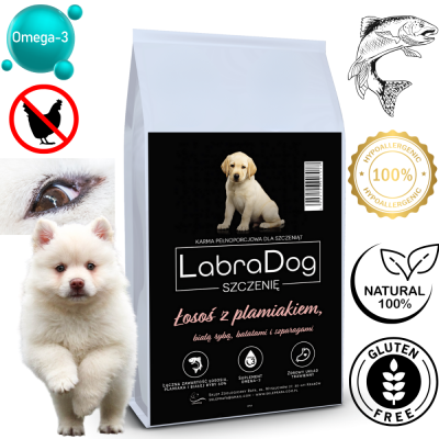 Karma sucha dla szczeniąt i modych psów ras małych i średnich  LabraDog Superfood GPU Łosoś z plamiakiem, białą rybą  batatami i szparagiem