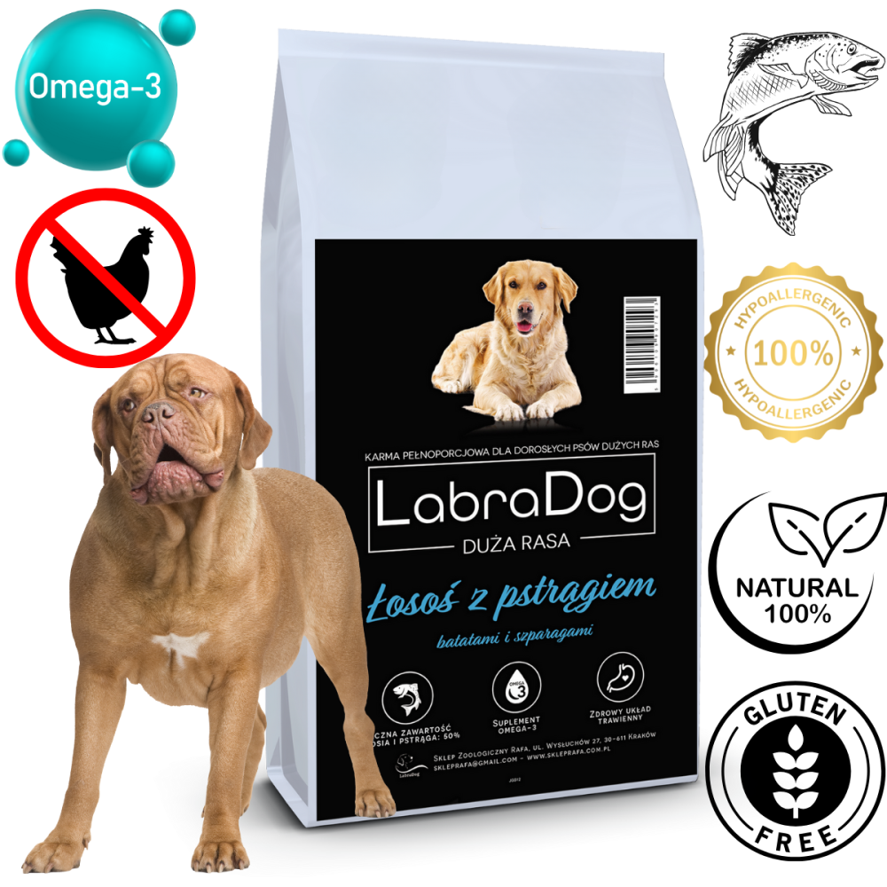 Karma sucha dla psa dorosłego rasy dużej LabraDog Superfood JGS Łosoś z pstrągiem, batatami i szparagami