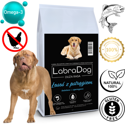 Karma sucha dla psa dorosłego rasy dużej LabraDog Superfood JGS Łosoś z pstrągiem, batatami i szparagami