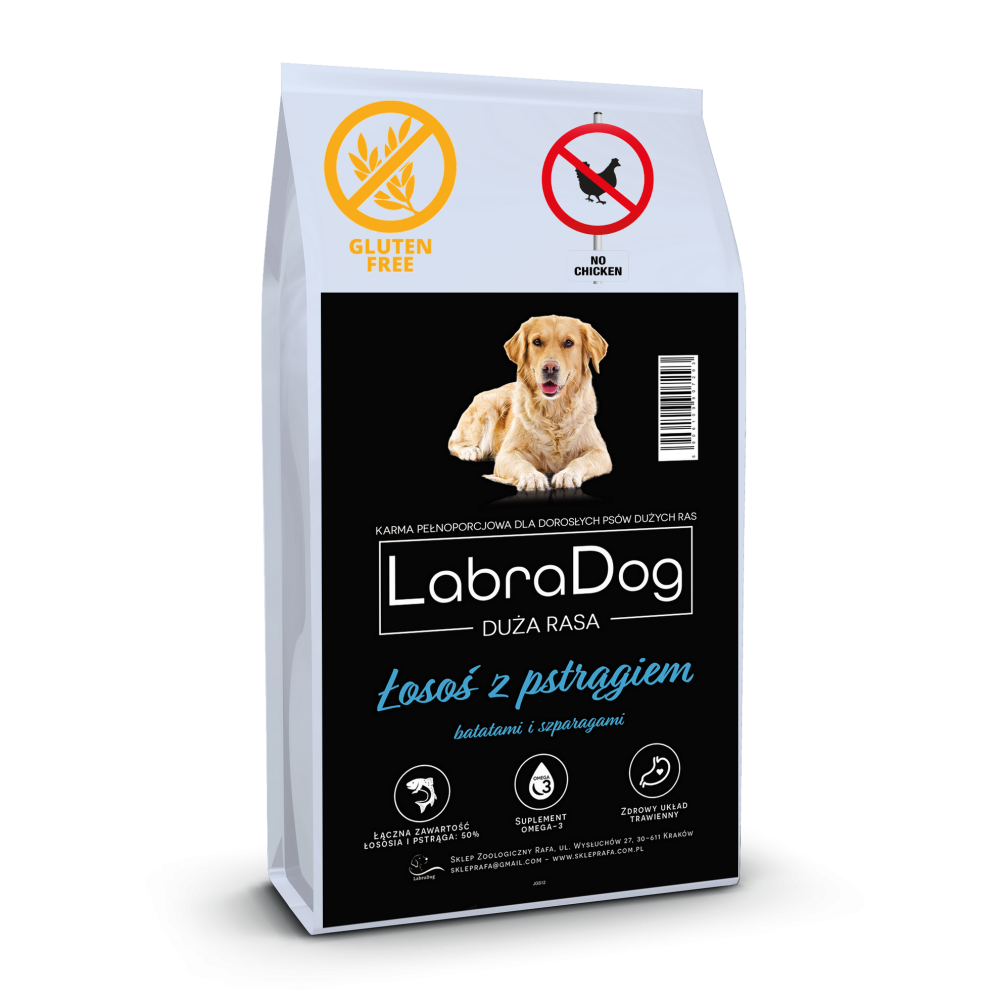 Karma sucha dla psa dorosłego rasy dużej LabraDog Superfood JGS Łosoś z pstrągiem, batatami i szparagami