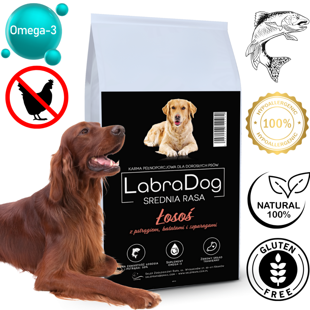 Karma sucha dla psa dorosłego ras średnich LabraDog Superfood GFI Łosoś z pstrągiem, batatami i szparagami
