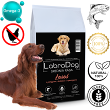 Karma sucha dla psa dorosłego ras średnich LabraDog Superfood GFI Łosoś z pstrągiem, batatami i szparagami