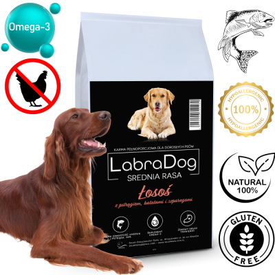 Karma sucha dla psa dorosłego ras średnich LabraDog Superfood GFI Łosoś z pstrągiem, batatami i szparagami