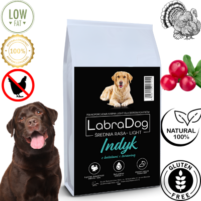 Karma sucha dla psa dorosłego ras średnich ze skłonnością do nadwagi  LabraDog Superfood TGE Indyk z batatami i żurawiną Light