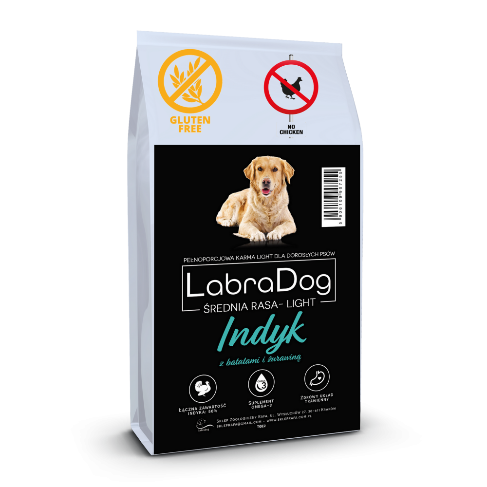 Karma sucha dla psa dorosłego ras średnich ze skłonnością do nadwagi  LabraDog Superfood TGE Indyk z batatami i żurawiną Light