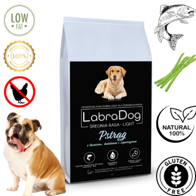 Karma sucha dla psa dorosłego rasy średniej ze skłonnością do nadwagi LabraDog Superfood GFE Senior&Light pstrąg z łososiem, batatami i szparagami