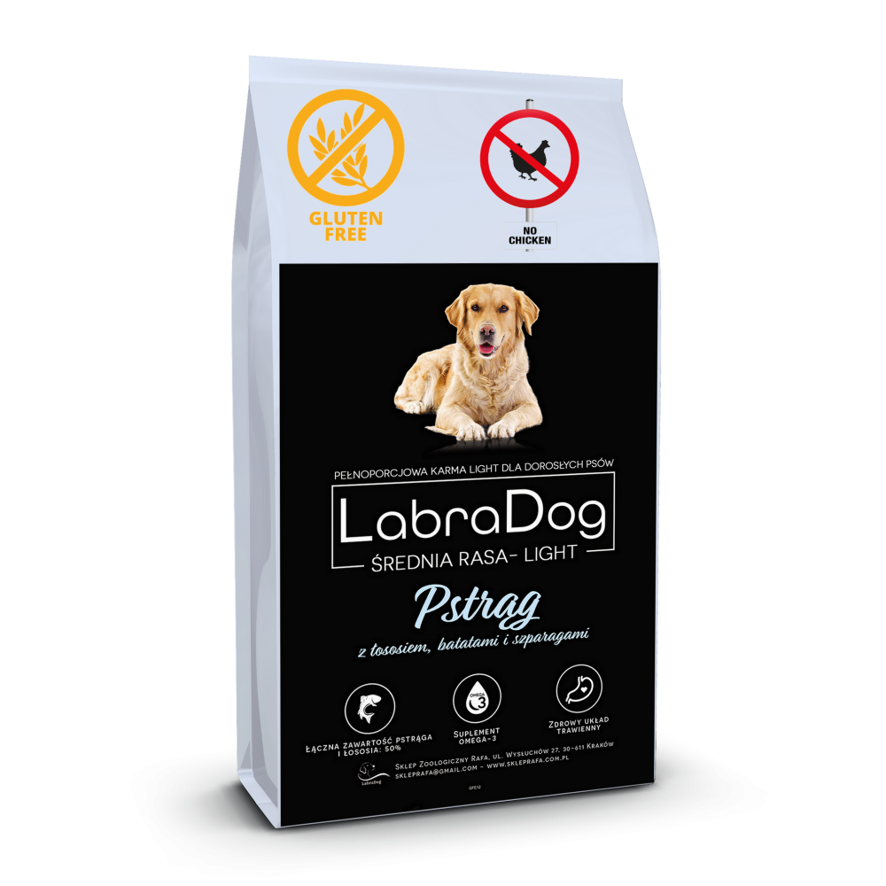 Karma sucha dla psa dorosłego rasy średniej ze skłonnością do nadwagi LabraDog Superfood GFE Senior&Light pstrąg z łososiem, batatami i szparagami