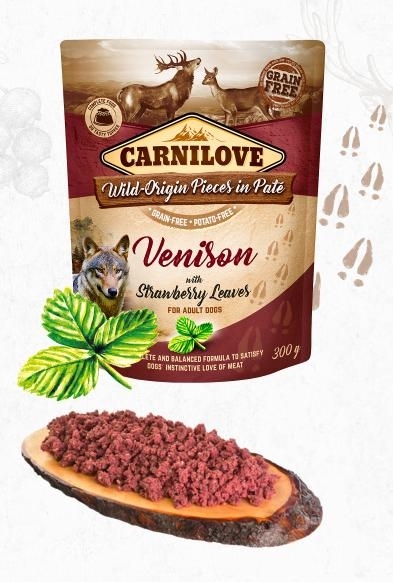 Karma mokra dla psa   Carnilove Dog Pouch VENISON / liście truskawk 300G