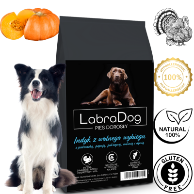 Karma sucha dla psa dorosłego rasy średniej SFW LabraDog Superfood Premium Indyk z wolnego wybiegu z pietruszką, papają, pokrzywą, cukinią i dynią