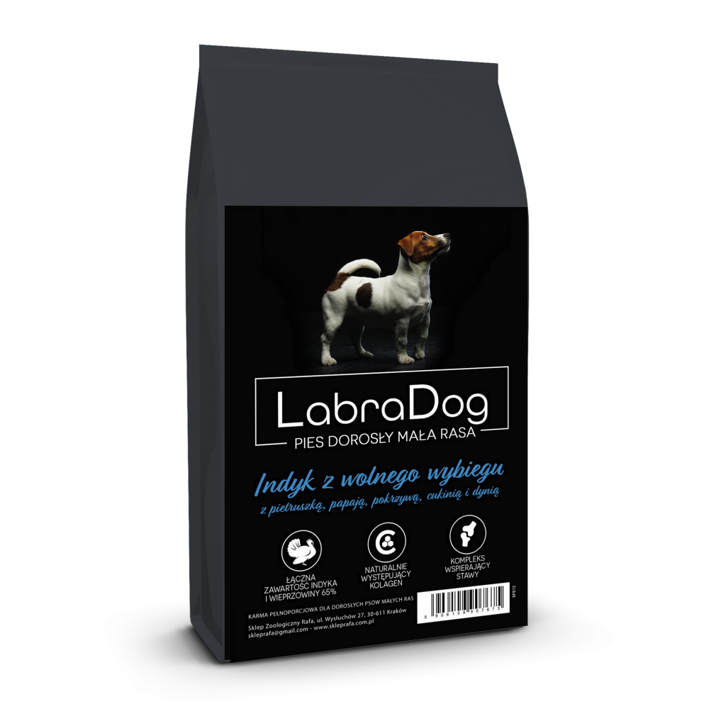 Karma sucha dla psa dorosłego rasy małej SFE LabraDog Superfood Premium Indyk z wolnego wybiegu z pietruszką, papają, pokrzywą, cukinią i dynią