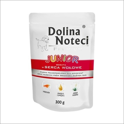 Karma mokra dla psa  Dolina Noteci Premium  Junior bogata w serca wołowe 300g saszetka