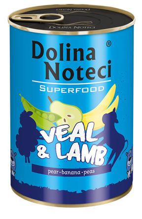 Karma mokra dla psa Dolina Noteci SUPERFOOD cielęcina i jagnięcina puszka 400g, 800g