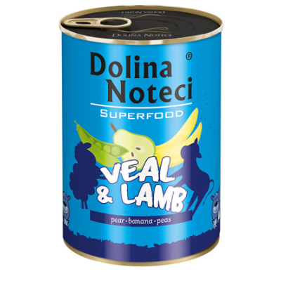 Karma mokra dla psa Dolina Noteci SUPERFOOD cielęcina i jagnięcina puszka 400g, 800g