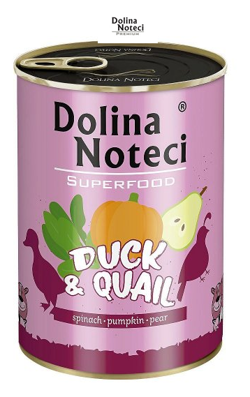 Karma mokra dla psa Dolina Noteci SUPERFOOD kaczka i przepiórka puszka 400g, 800g