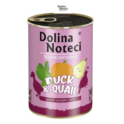 Karma mokra dla psa Dolina Noteci SUPERFOOD kaczka i przepiórka puszka 400g, 800g