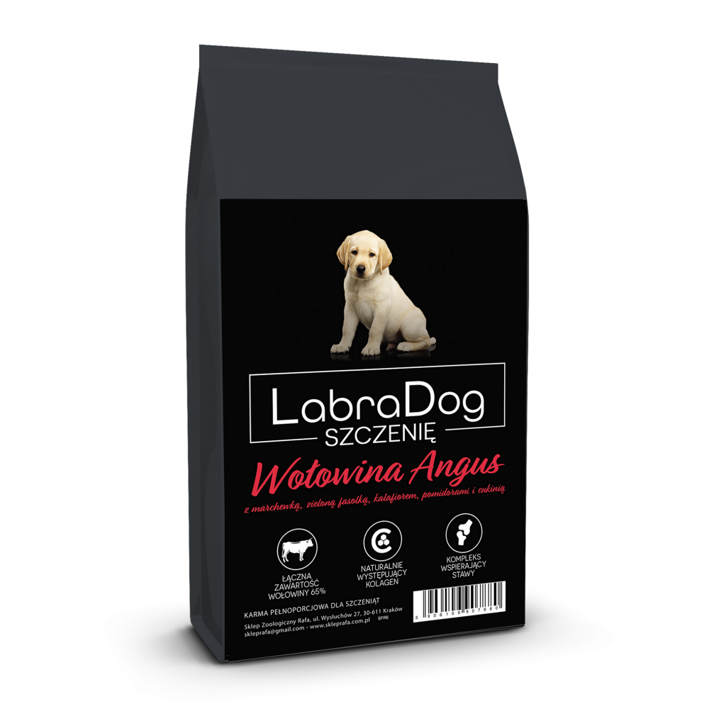 Karma sucha dla psa szczeniaka rasy małe SFR LabraDog Superfood Premium Wołowina Angus z marchewką, zieloną fasolką, kalafiorem, pomidorami i cukinią