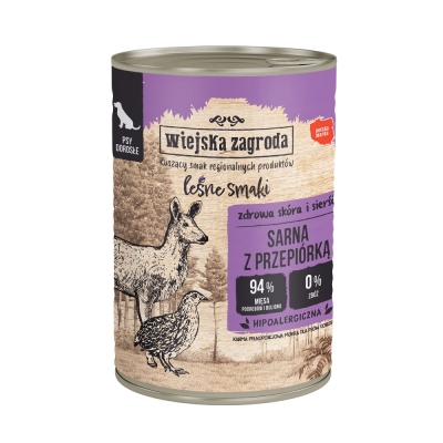 Karma mokra dla psa (dorosły) Wiejska Zagroda Leśne smaki Sarna z przepiórką 400 g i 800g