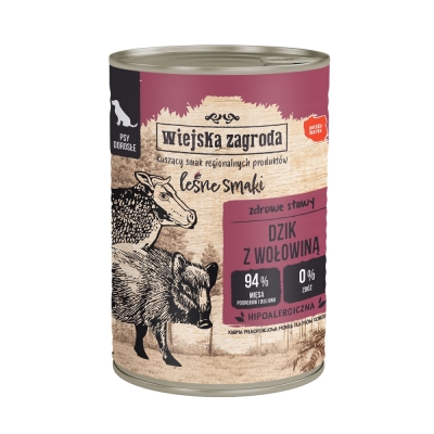 Karma mokra dla psa (dorosły) Wiejska Zagroda Leśne smaki Dzik z wołowiną 400 g i 800g