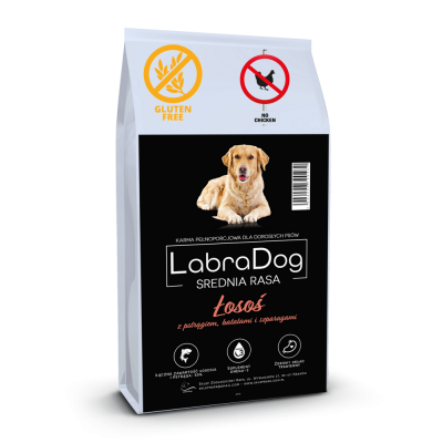 Karma sucha dla psa dorosłego ras średnich LabraDog Superfood GFI Łosoś z pstrągiem, batatami i szparagami 2kg