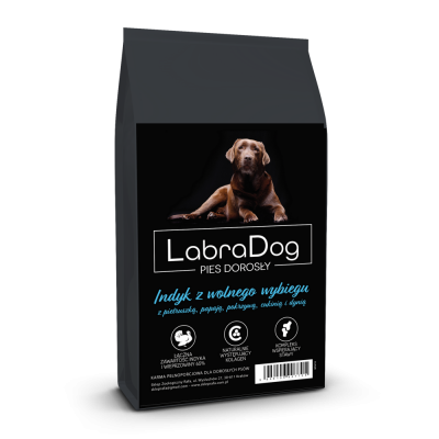 Karma sucha dla psa dorosłego rasy średniej SFW LabraDog Superfood Premium Indyk z wolnego wybiegu z pietruszką, papają, pokrzywą, cukinią i dynią 12kg