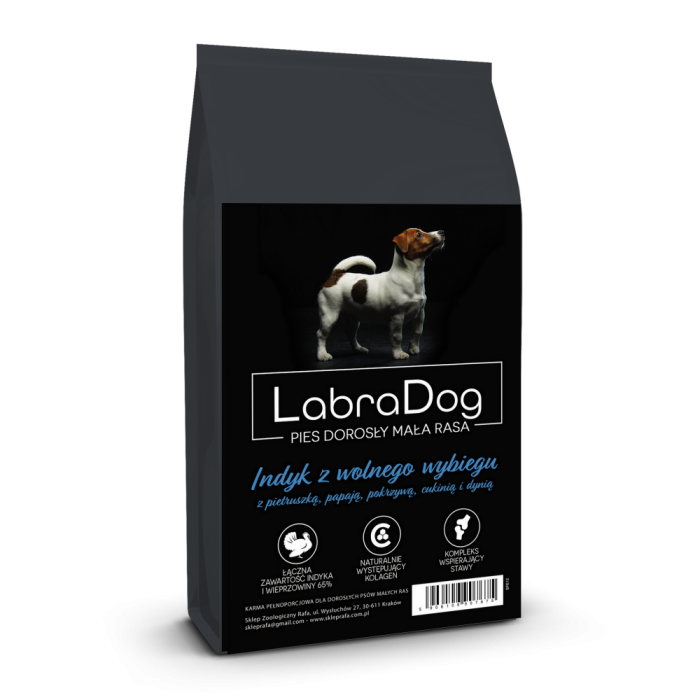 Karma sucha dla psa dorosłego rasy małej SFE LabraDog Superfood Premium Indyk z wolnego wybiegu z pietruszką, papają, pokrzywą, cukinią i dynią 12kg