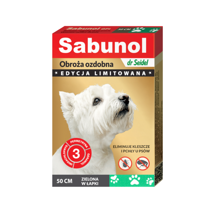 DermaPharm Sabunol ozdobna zielona w łapki obroża przeciw pchłom i kleszczom dla psa 50 cm
